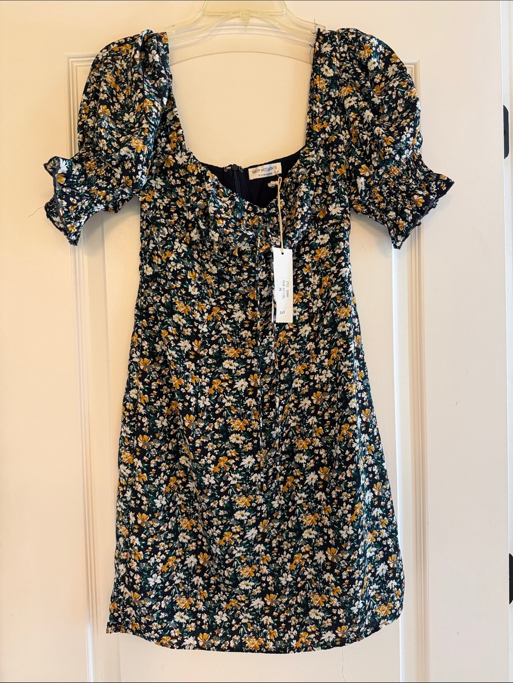 Teen Floral Puff Sleeve Dress - Navy with Yellow & White Flowers